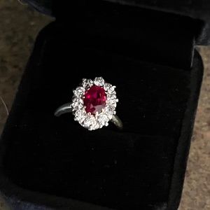 Antique Estate Natural Oval Ruby and Diamond Cluster Ring